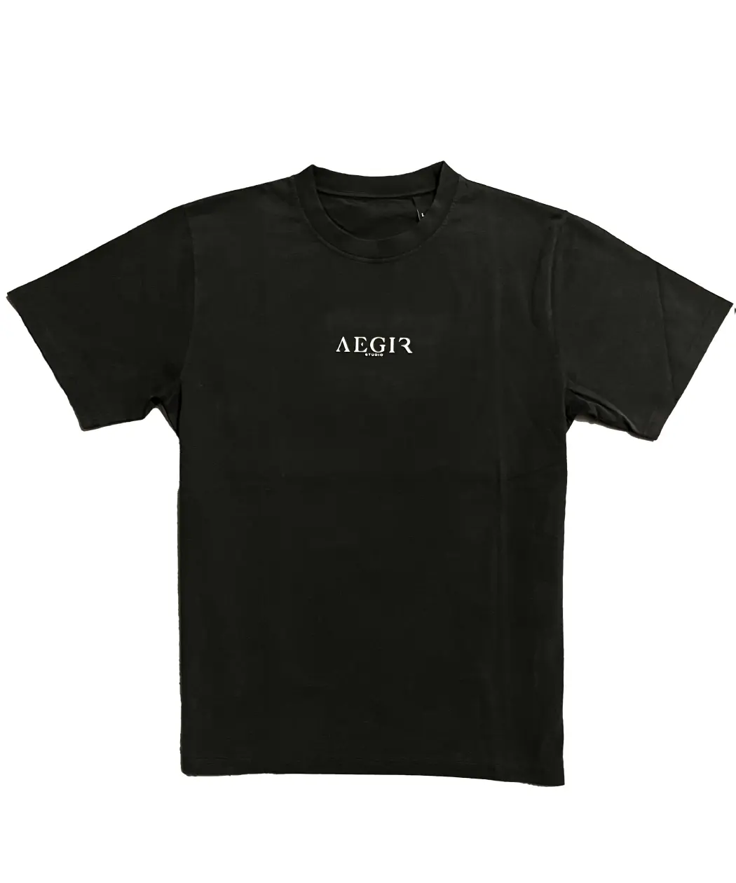 Jōhatsu's Aegir Studio collaboration tee in vintage black, made from 100% organic cotton. The unisex shirt features a minimalist white screen-print of the 'AEGIR STUDIO' logo on the chest. This ethical, hand-printed garment supports the independent film 'The Edge'. - Front View