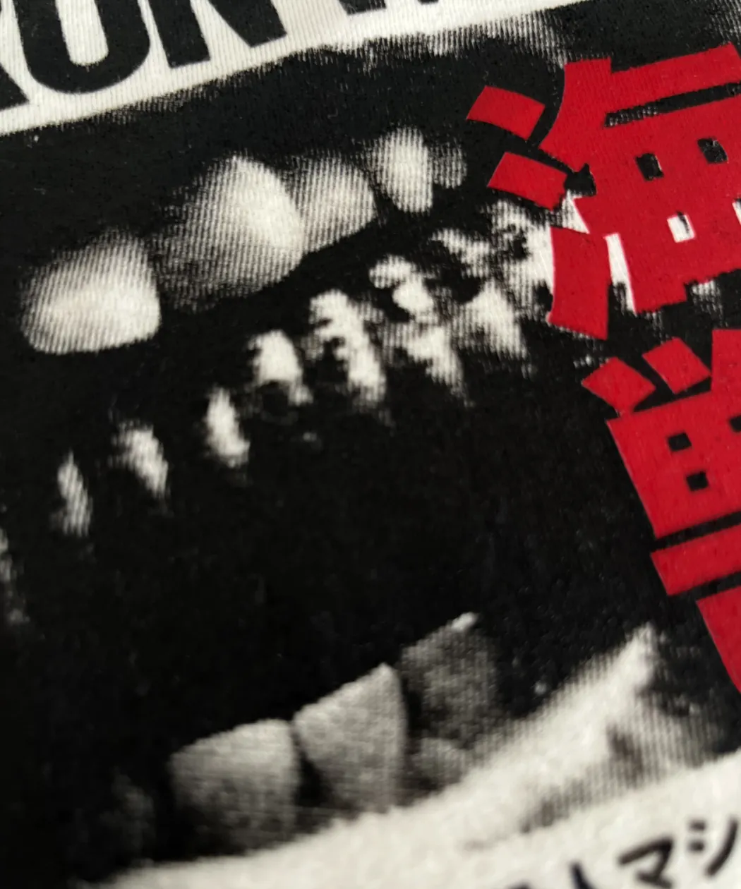 A detailed macro shot of the 'Tetsuo' tee's screen print, showcasing the texture of the black and red water-based ink on the off-white organic cotton fabric, highlighting the halftone print detail. - Front View Thumbnail